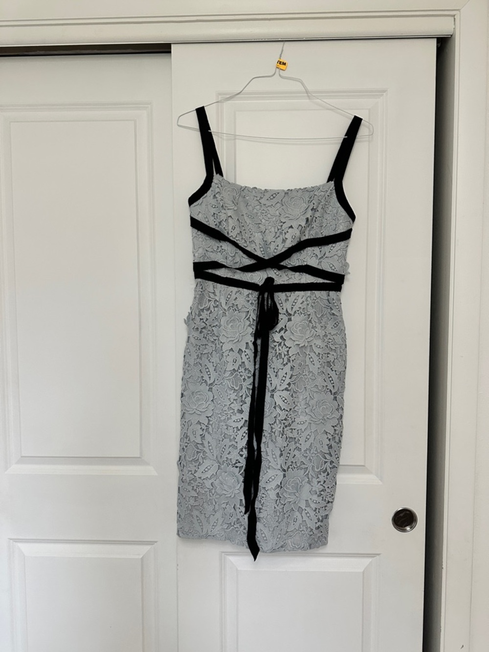 Sachin + Babi Light Gray Lace Dress with Black grossgain trim